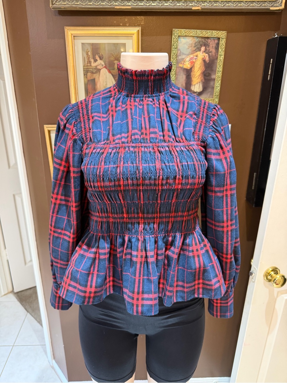 HUNTER BELL Navy and Red Plaid Smocked Peplum Blouse FLAWED